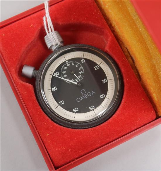 A steel Omega pocket stopwatch in Omega box.